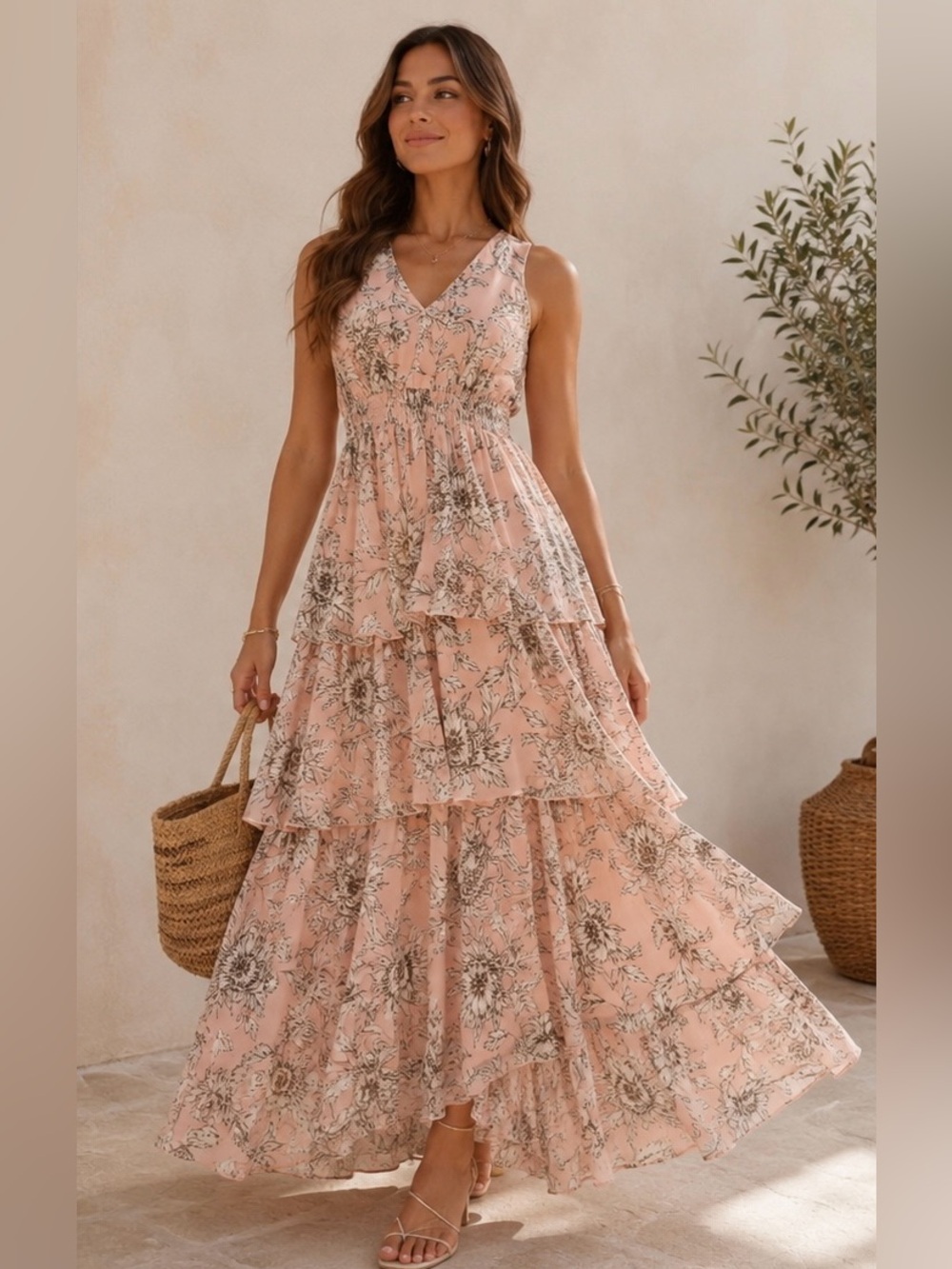 Tommy Hilfiger Light Blush Pink Floral Tiered Maxi Dress